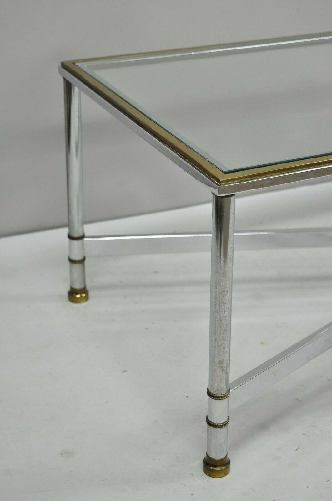 French Neoclassical Maison Jansen Style Steel & Brass Rectangular Coffee Table