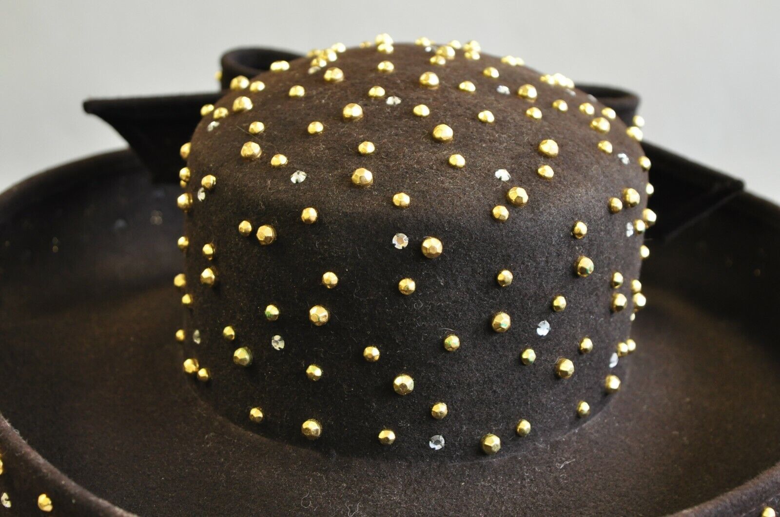 Vintage Jack McConnell Boutique Brown Wool Gold Silver Stud Wide Brim Derby Hat