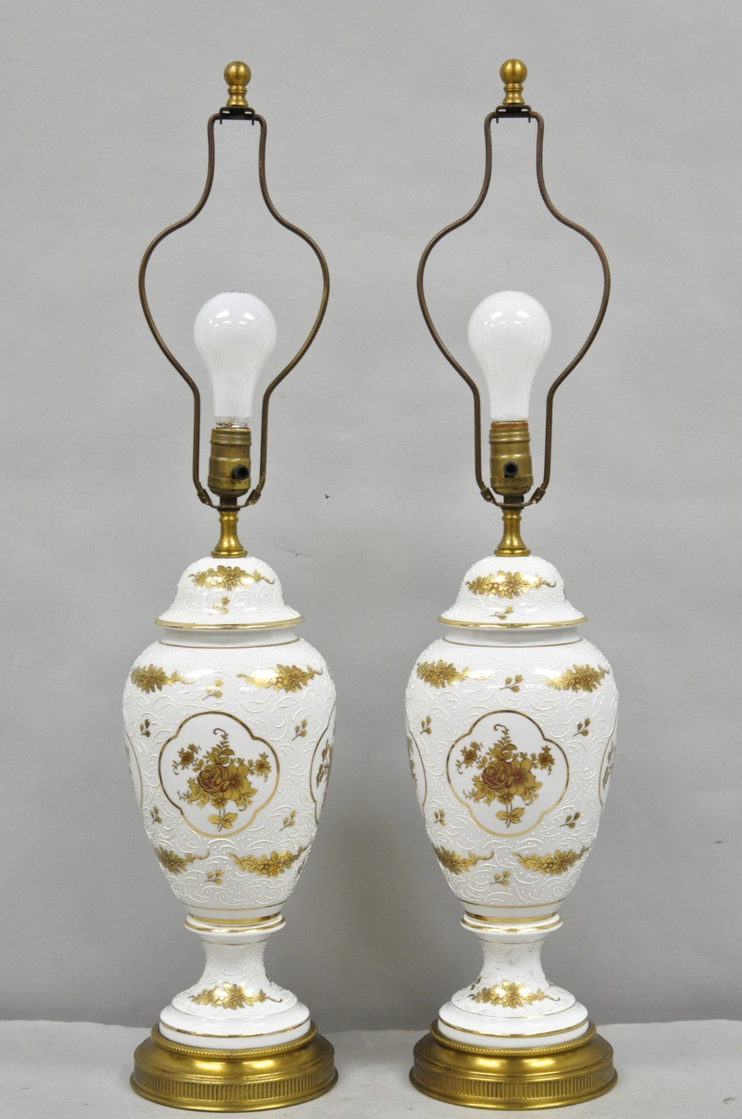 Vintage French Louis XV White Porcelain Ginger Jar Gold Flower Table Lamps Pair