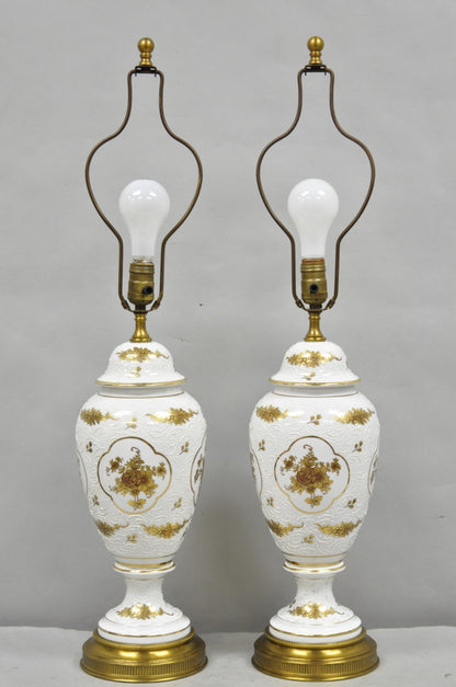 Vintage French Louis XV White Porcelain Ginger Jar Gold Flower Table Lamps Pair