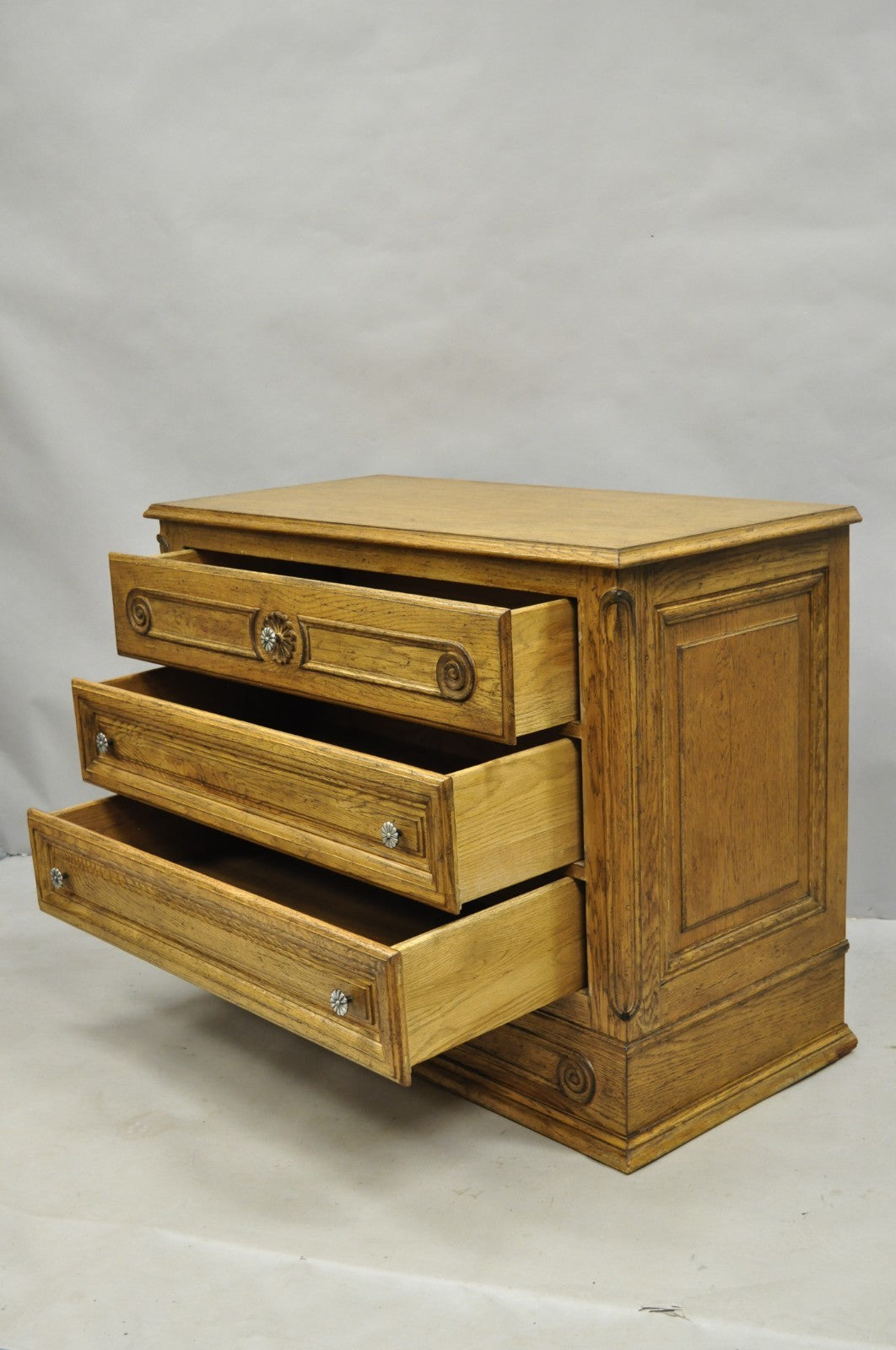 Vintage French Country Provincial Oak Wood 3 Drawer Bachelor Chest Commode Pair