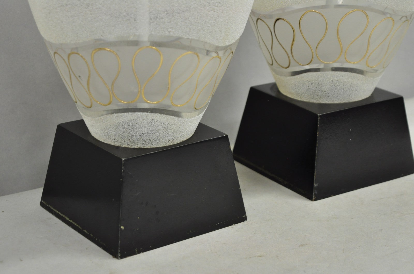 Vintage Mid Century Modern Sculpted Frosted Glass Gold Wavy Table Lamps - a Pair