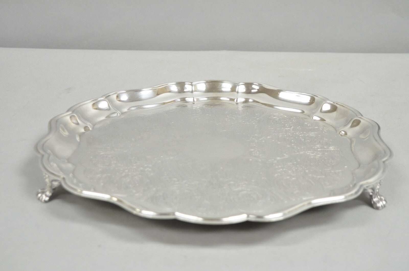 Vintage Sheridan Victorian Silver Plated Footed Round Serving Platter Bar Tray
