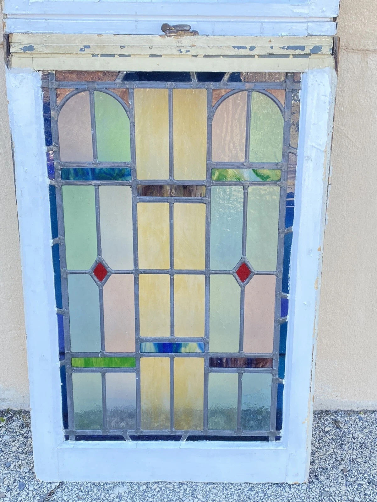 Antique Art Deco Leaded Stained Glass Pink Green Blue Yellow Windows - a Pair