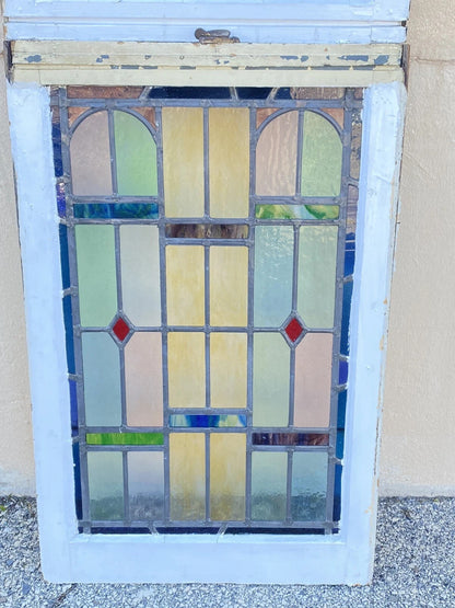 Antique Art Deco Leaded Stained Glass Pink Green Blue Yellow Windows - a Pair