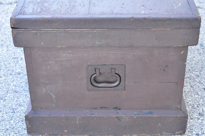 Antique English Campaign Brown Painted Wooden Military Blanket Chest Trunk
