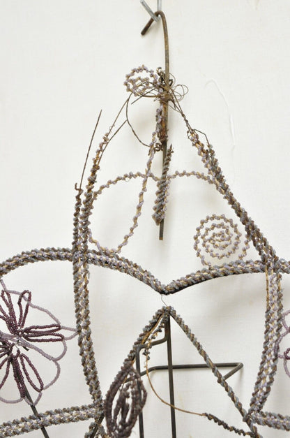Antique French Victorian Purple Glass Beaded Memorial Wreath Wall Sculpture
