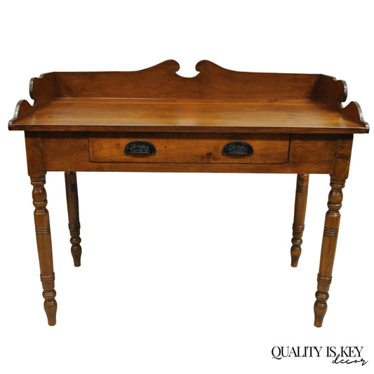 Antique Primitive Colonial Pine Wood 1 Drawer Work Table Desk w/ Backsplash