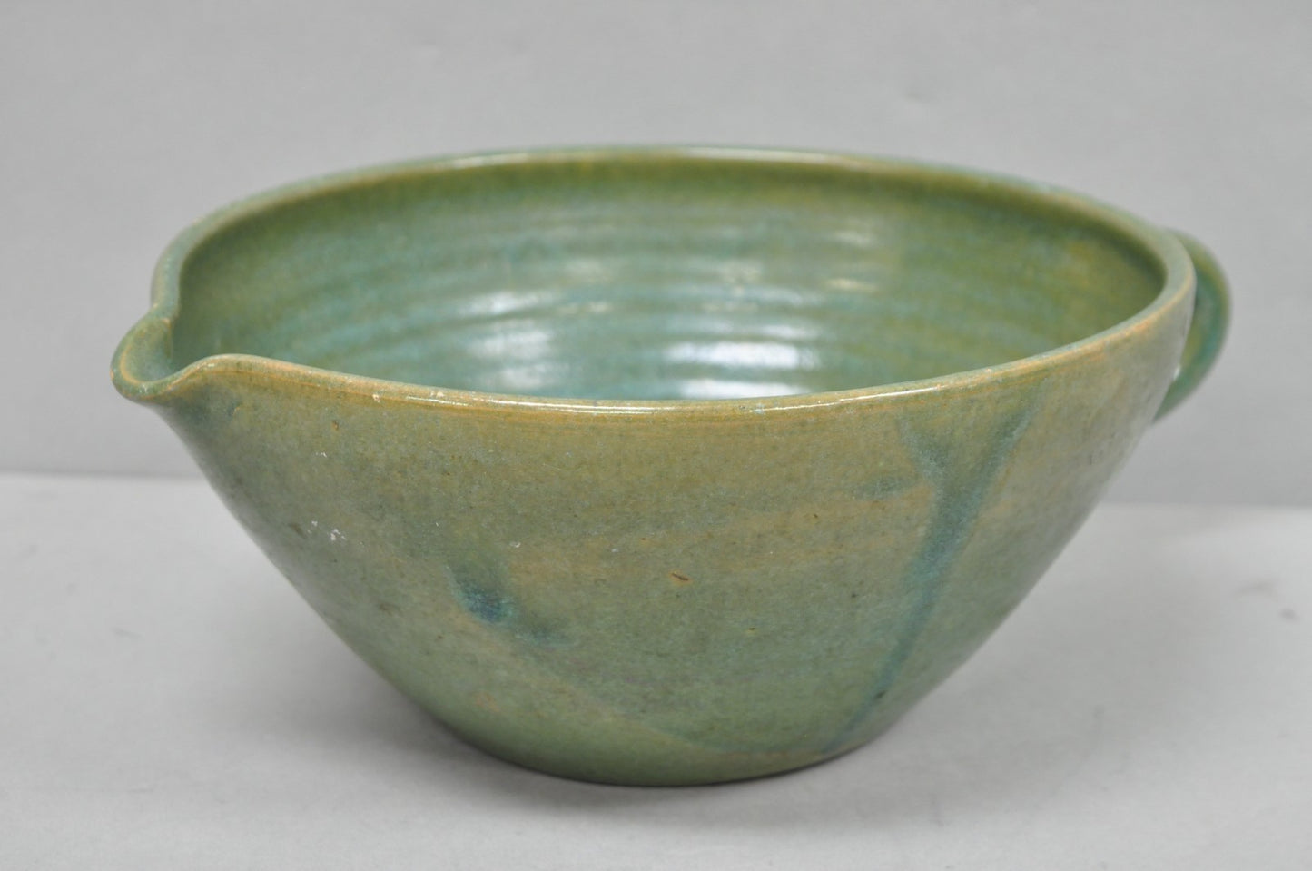 Vintage Primitive Green Glazed Ceramic Pottery Large Mixing Bowl w Handle