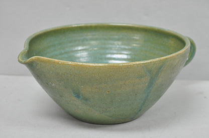 Vintage Primitive Green Glazed Ceramic Pottery Large Mixing Bowl w Handle