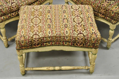 Vintage French Country Cream Distress Painted Lounge Arm Chairs & Ottoman a Pair