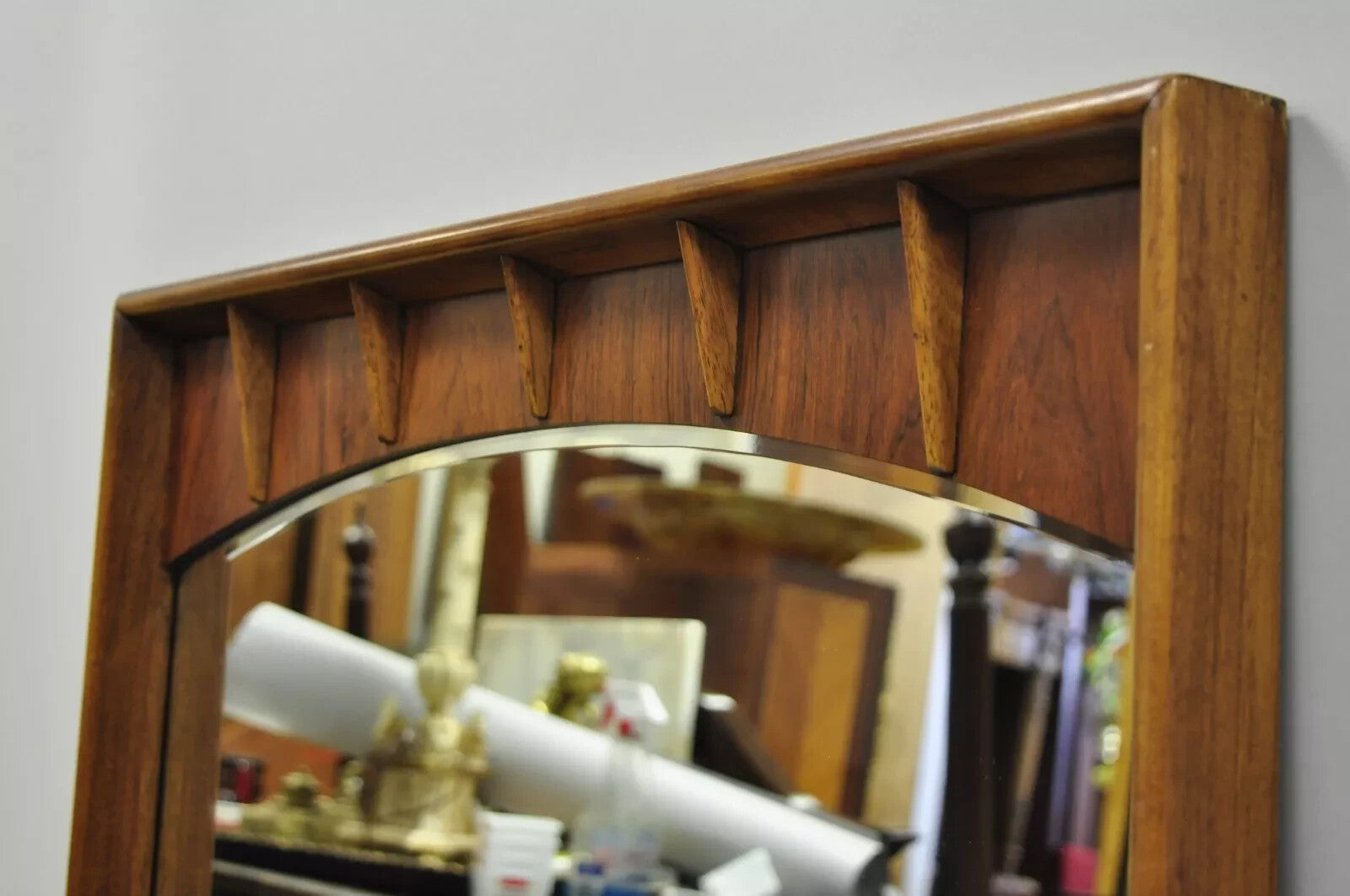 Vintage Mid Century Modern Sculpted Walnut & Rosewood Beveled Glass Wall Mirror