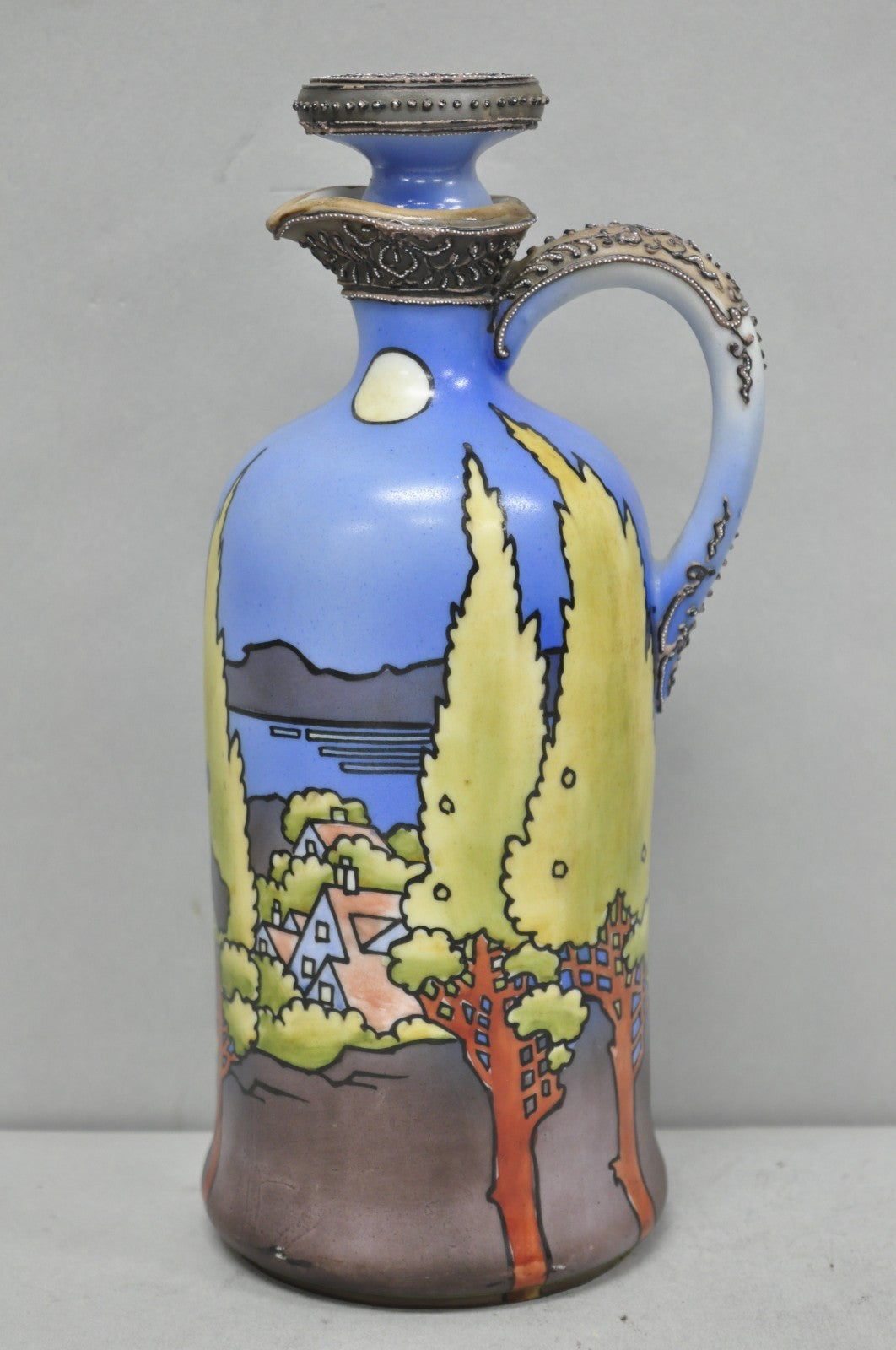 Antique Nippon Hand Painted Blue Halloween Pattern Porcelain Wine Jug w/ Cork