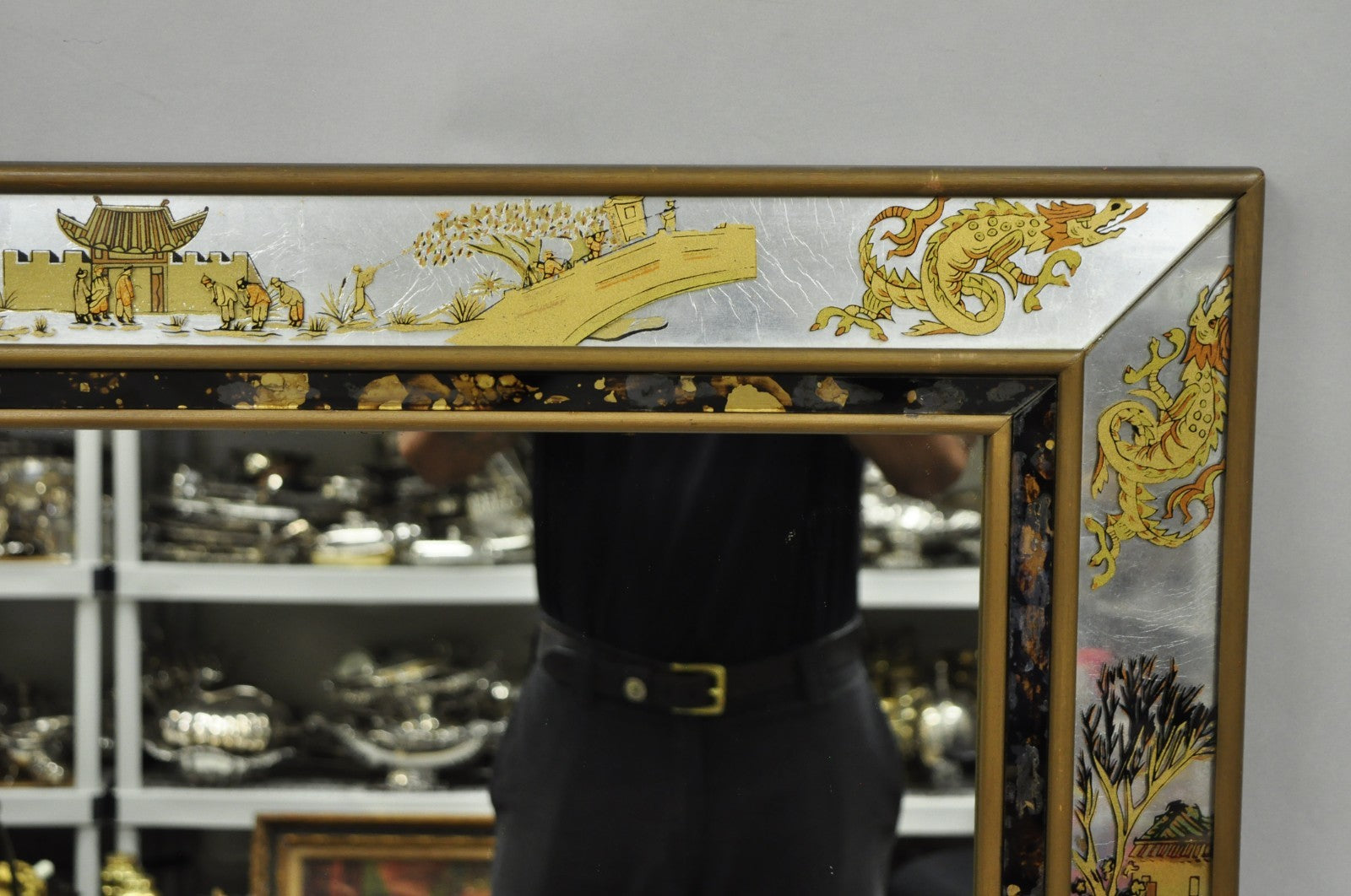 Vintage Chinoiserie Figural Eglomise Reverse Painted Oriental Wall Mirror