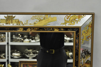 Vintage Chinoiserie Figural Eglomise Reverse Painted Oriental Wall Mirror