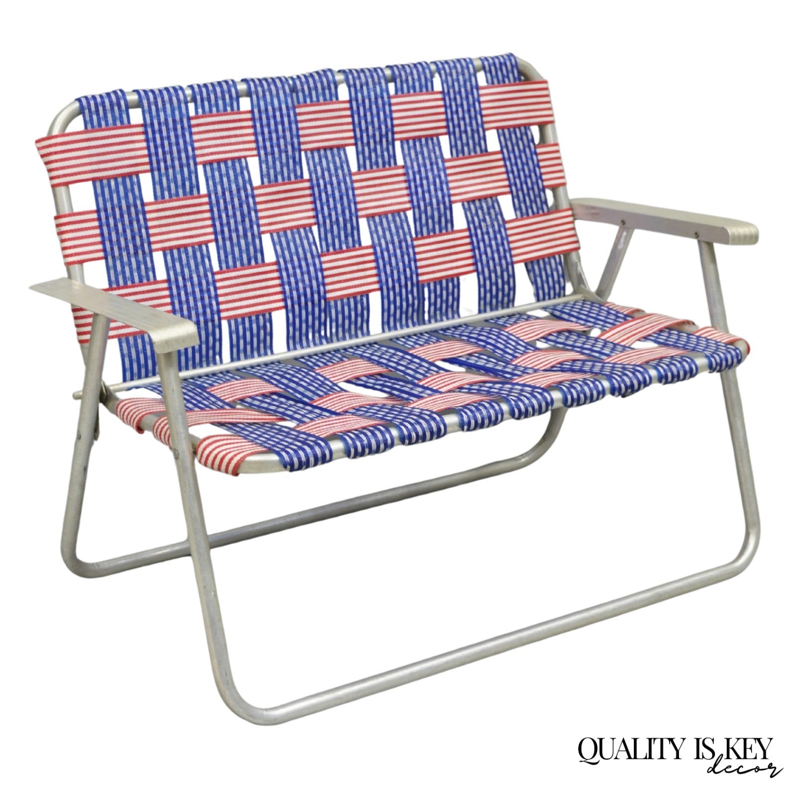 Vintage Childs Size American Flag Webbing Folding Aluminum Lawn Chair Loveseat