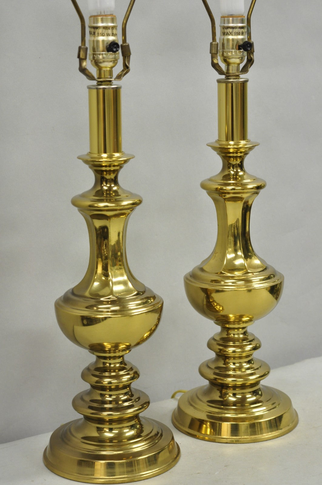 Vintage Hollywood Regency Brass Column Stiffel Style Gold Table Lamps - a Pair