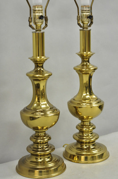 Vintage Hollywood Regency Brass Column Stiffel Style Gold Table Lamps - a Pair