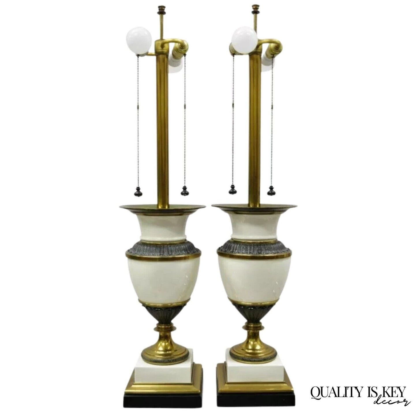 Stiffel Italian Regency Large Porcelain Urn Brass Finish Tall Table Lamps - Pair