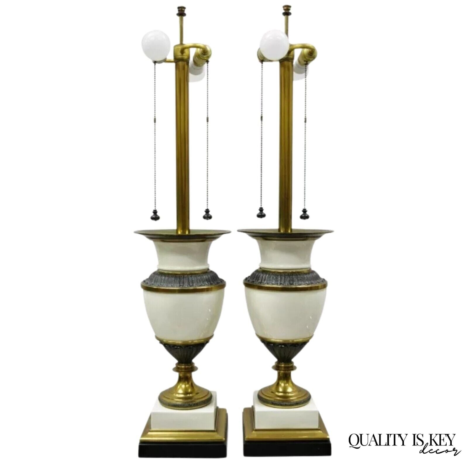 Stiffel Italian Regency Large Porcelain Urn Brass Finish Tall Table Lamps - Pair
