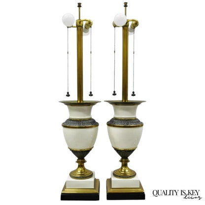 Stiffel Italian Regency Large Porcelain Urn Brass Finish Tall Table Lamps - Pair