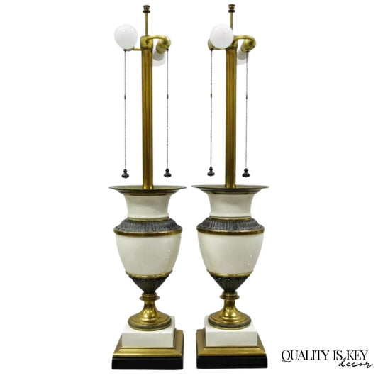 Stiffel Italian Regency Large Porcelain Urn Brass Finish Tall Table Lamps - Pair