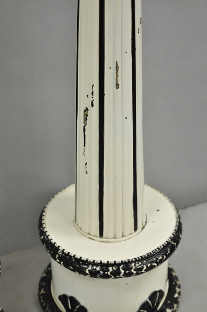 Vintage Hollywood Regency Lotus Leaf Black & White Metal Column Table Lamps Pair