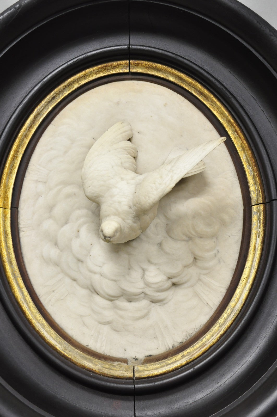 Antique Victorian Large Italian Oval Marble Relief Carved Dove Bird Wall Plaque