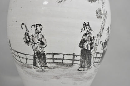 Vintage Chinoiserie White Ceramic Jardiniere Vase Oriental Table Lamp on Lucite