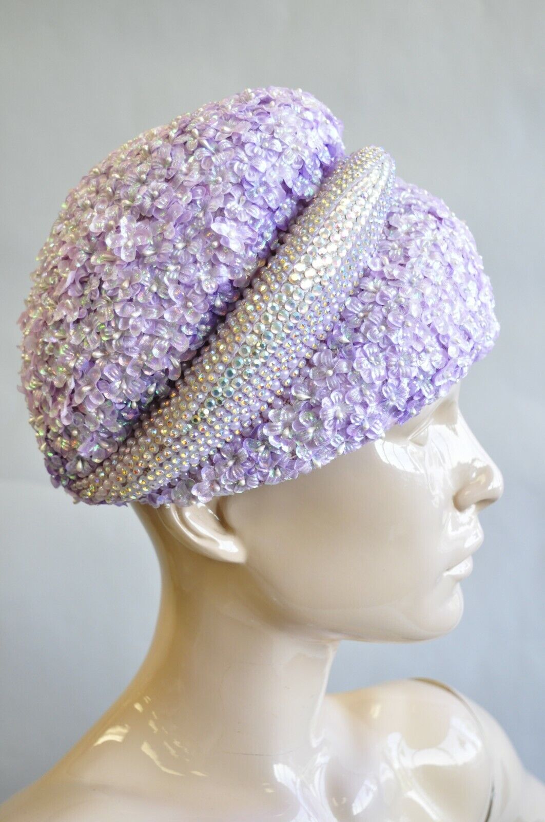 Vintage Bina Fashion Hats Purple Lavender Floral Jeweled Beaded Church Derby Hat