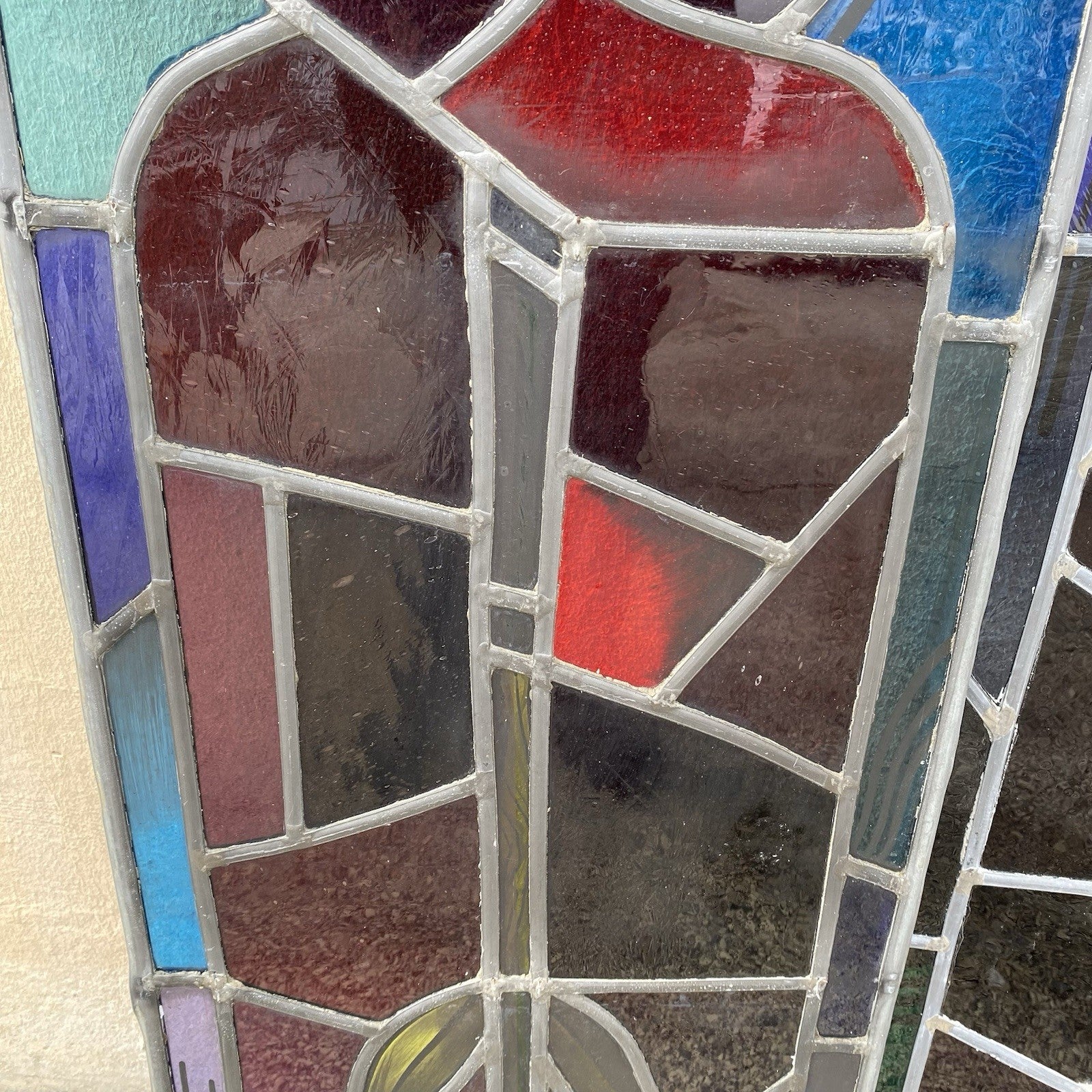 Vintage "Yo" & Door Art Deco Blue & Red Leaded Stained Glass Window 43x15 - 4 Pc