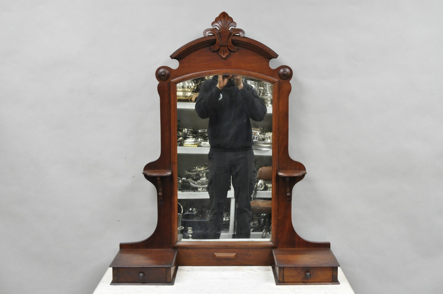Antique Eastlake Victorian Carved Walnut Marble Top Washstand Dresser w/ Mirror