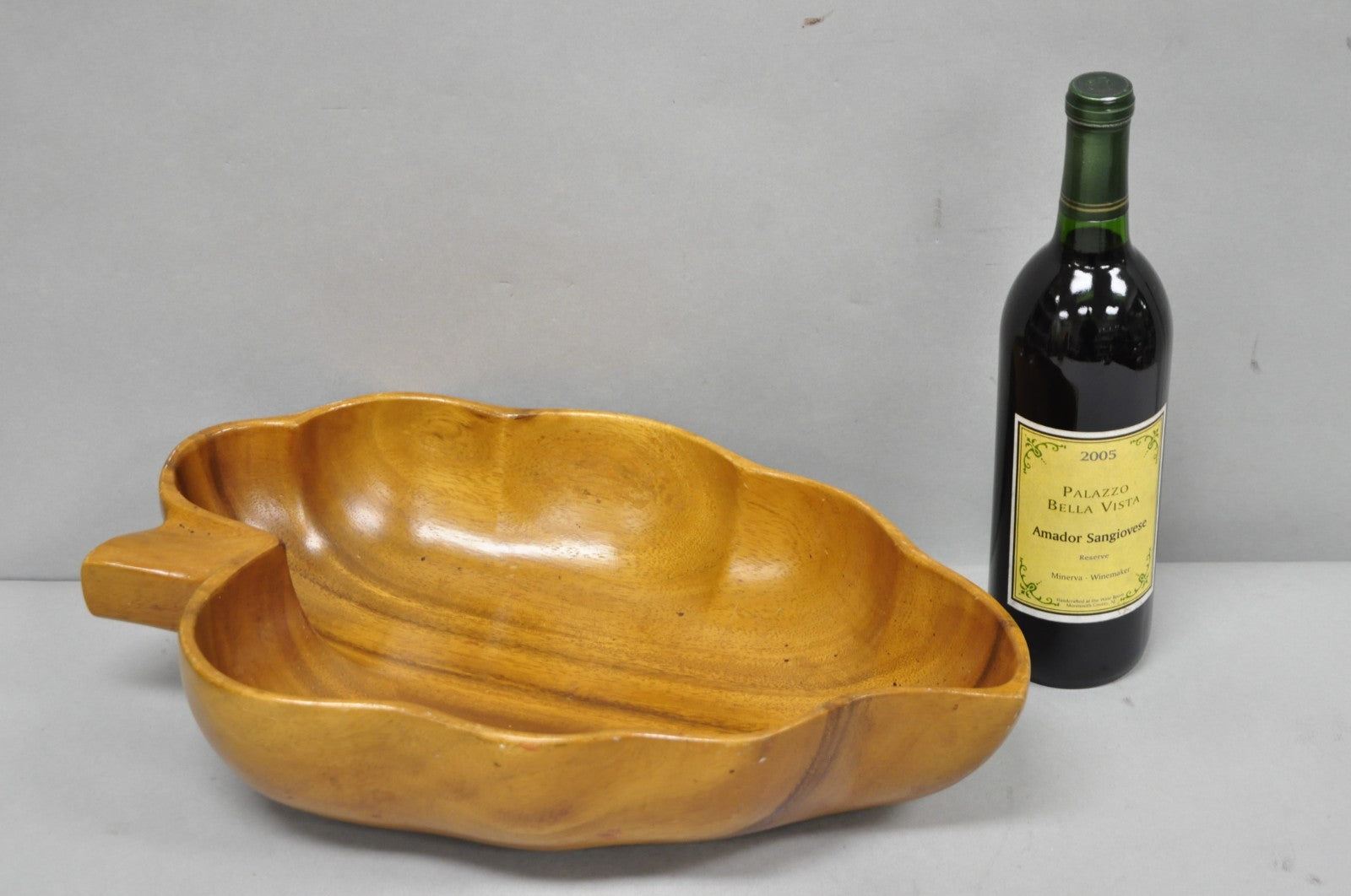 Vintage Mid Century Modern Monkey Pod Carved Koa Wood Banana Leaf 16" Fruit Bowl