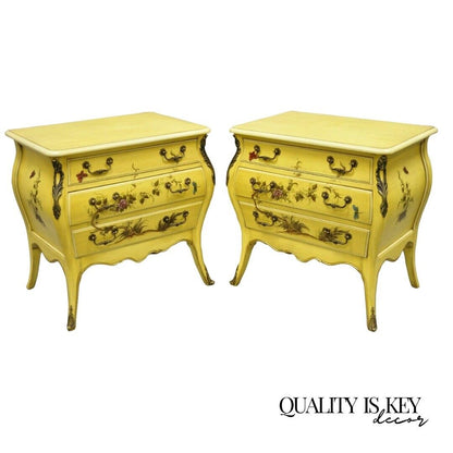 French Louis XV Style Yellow Butterfly Painted 3 Drawer Nightstands - a Pair