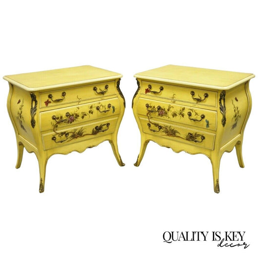 French Louis XV Style Yellow Butterfly Painted 3 Drawer Nightstands - a Pair