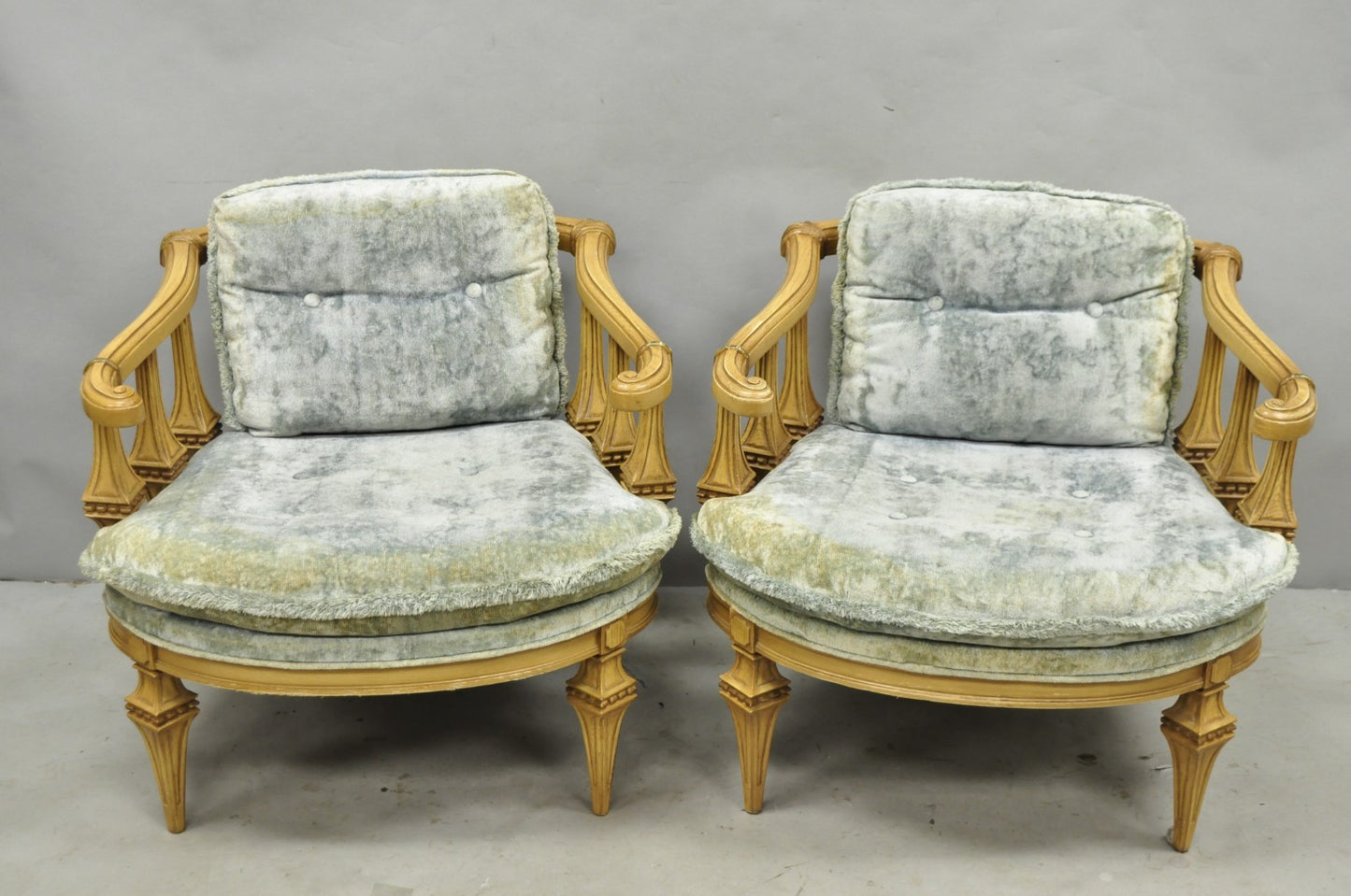 Vintage Hollywood Regency Low Barrel Back Cream Painted Club Lounge Chairs, Pair