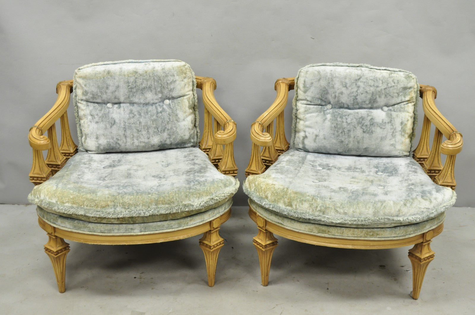 Vintage Hollywood Regency Low Barrel Back Cream Painted Club Lounge Chairs, Pair