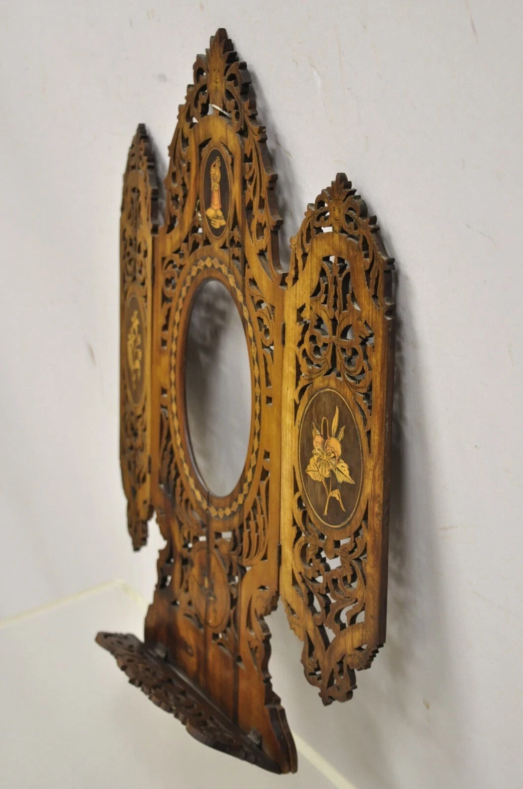 19th C Italian Sorrento Folding Marquetry Inlay Small Picture Frame Wall Mirror