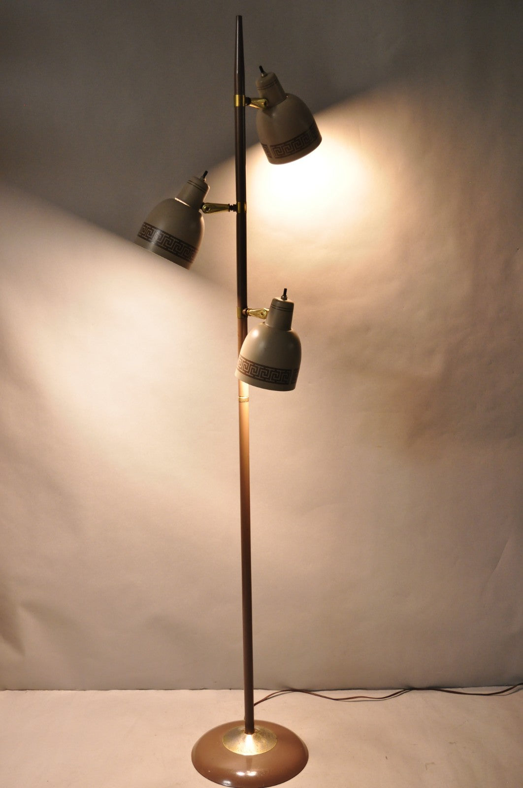 Vintage Mid Century Modern Taupe Triennial Greek Key Shade Floor Lamp