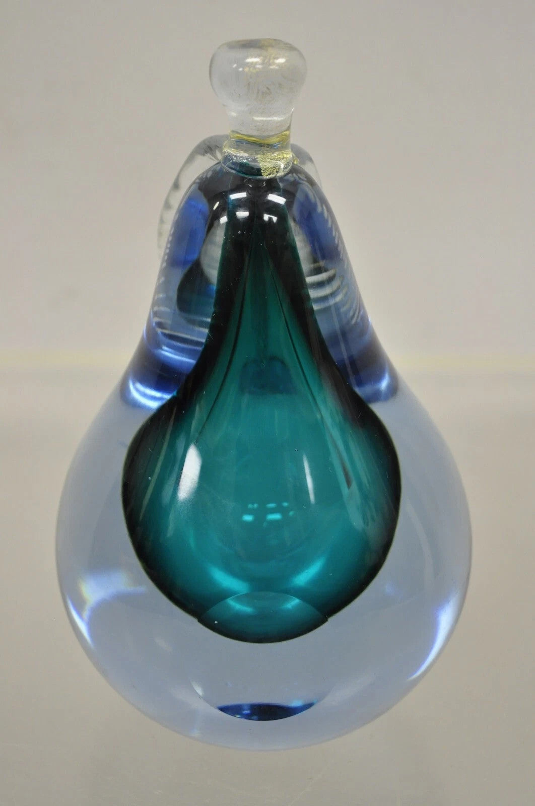 Italian Murano Blue 7" Blown Art Glass Pear Fruit Gold Flecks Leaf Paperweight