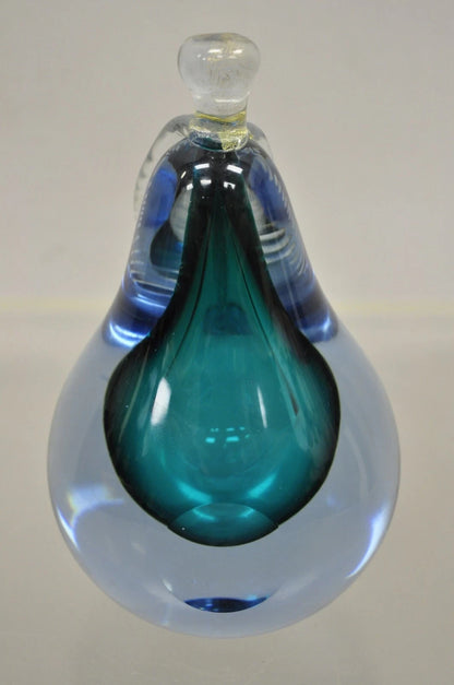 Italian Murano Blue 7" Blown Art Glass Pear Fruit Gold Flecks Leaf Paperweight