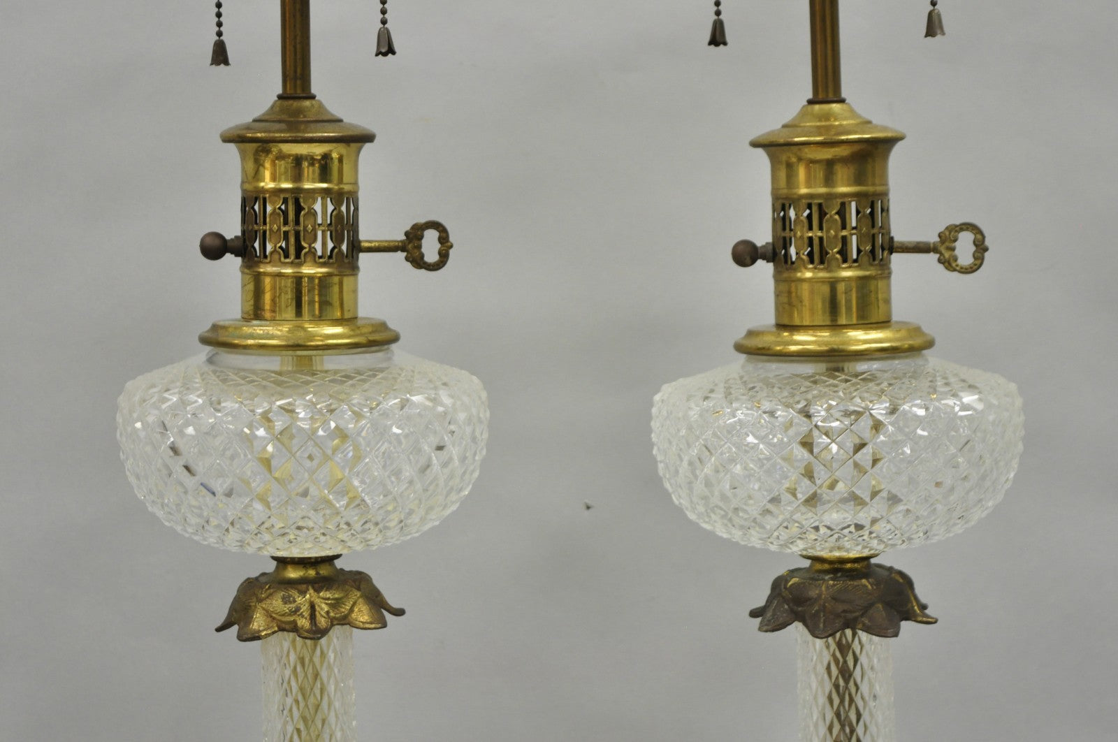 Vintage French Empire Brass & Crystal Glass Column "Oil Lamp" Table Lamps, Pair