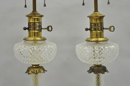 Vintage French Empire Brass & Crystal Glass Column "Oil Lamp" Table Lamps, Pair