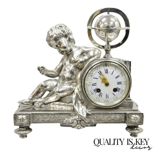 French Louis XV M Franjus Raison & Boyer Silver Plated Bronze Putto Mantel Clock
