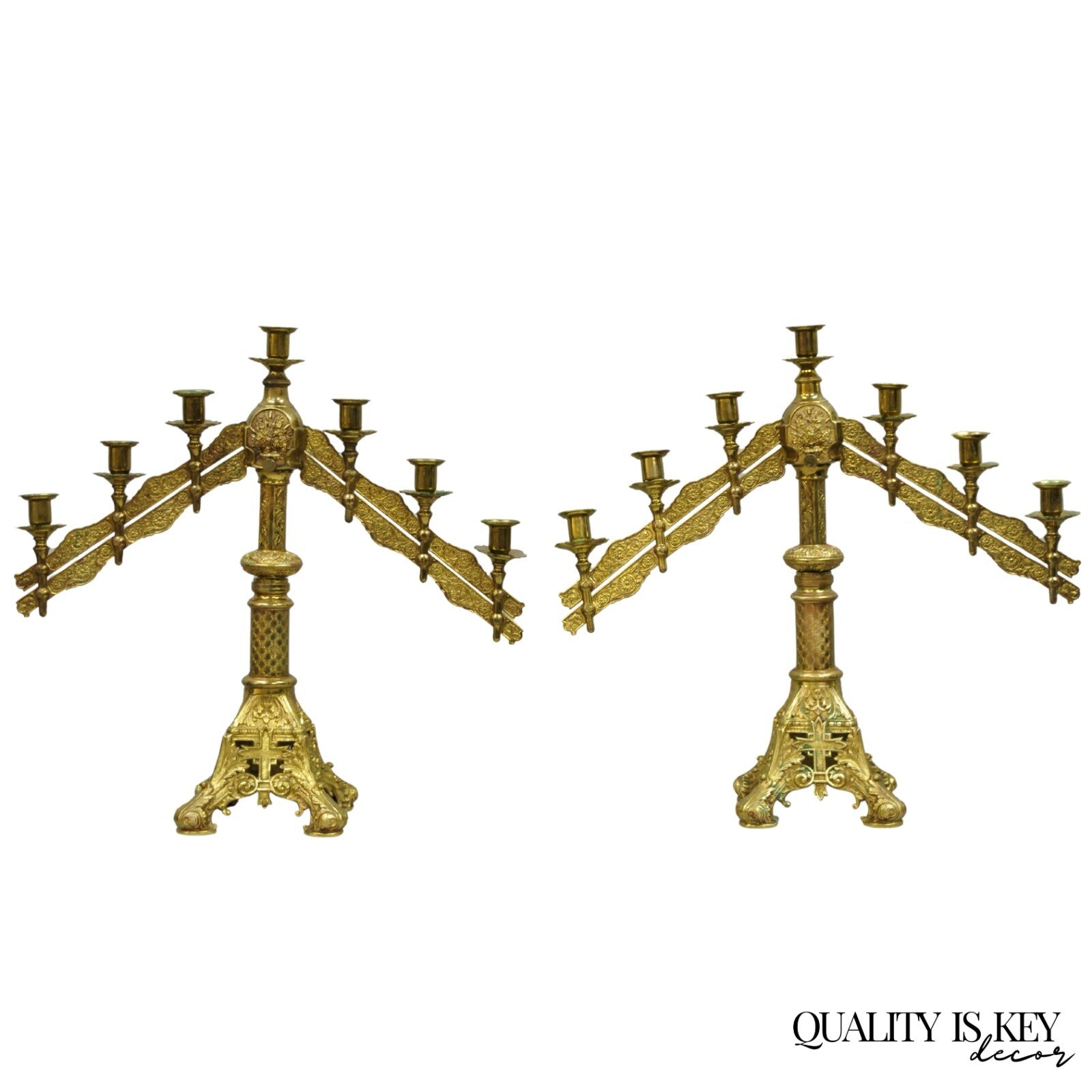 Antique French Renaissance Gothic Bronze 7 Arm Adjustable Candelabras - a Pair