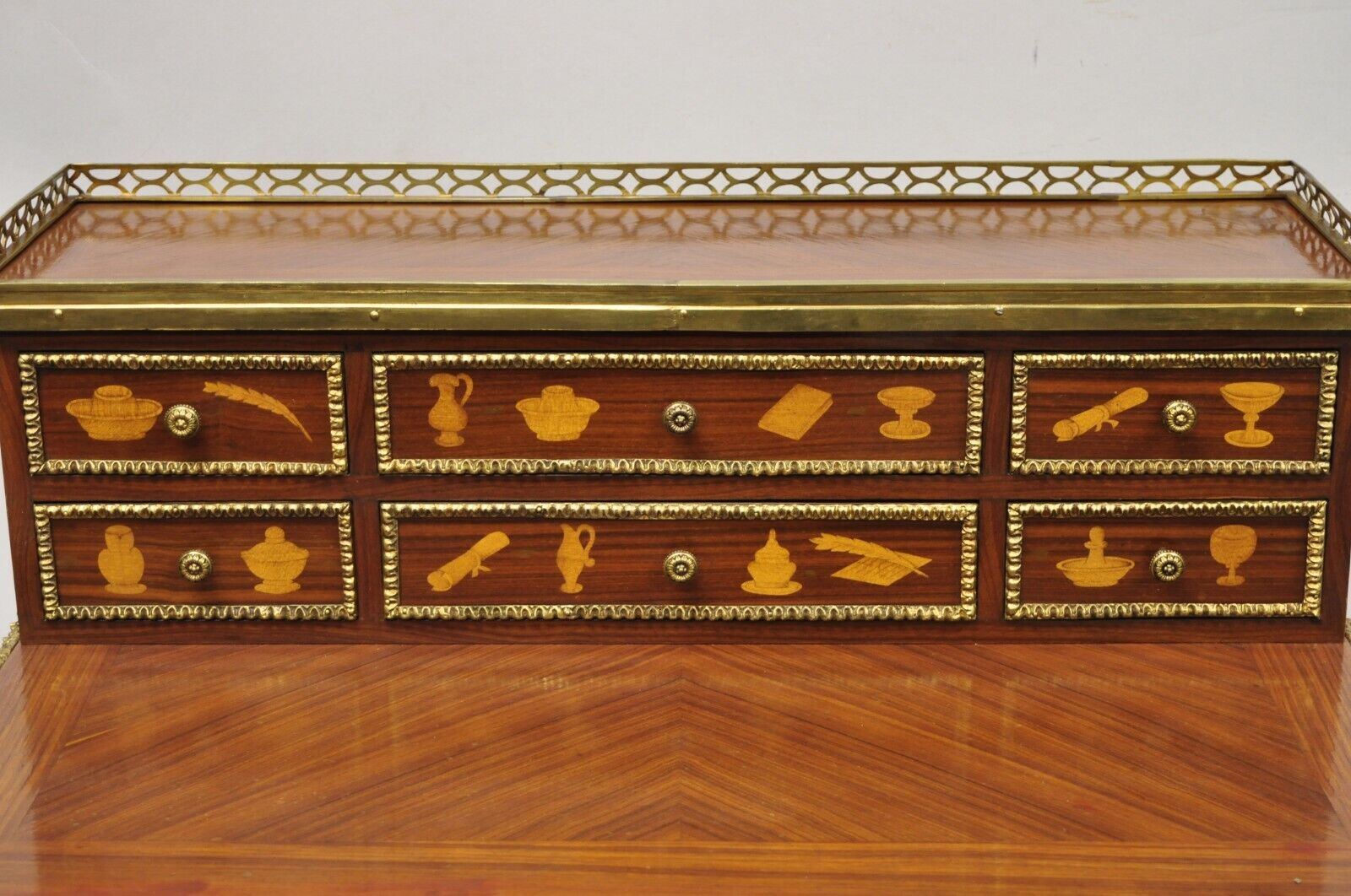 Vintage French Louis XV Style Marquetry Inlay Bronze Ormolu Small Writing Desk
