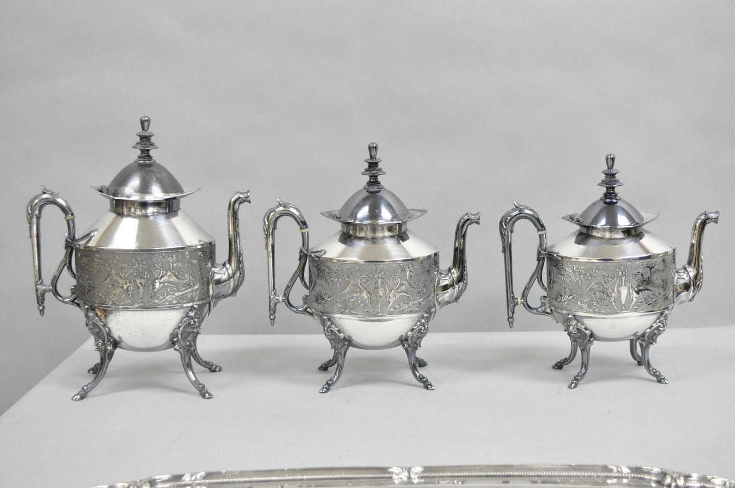 Antique English Baroque Silver Plated Figural Tea Set w/ Rogers Bro Tray - 7 Pcs