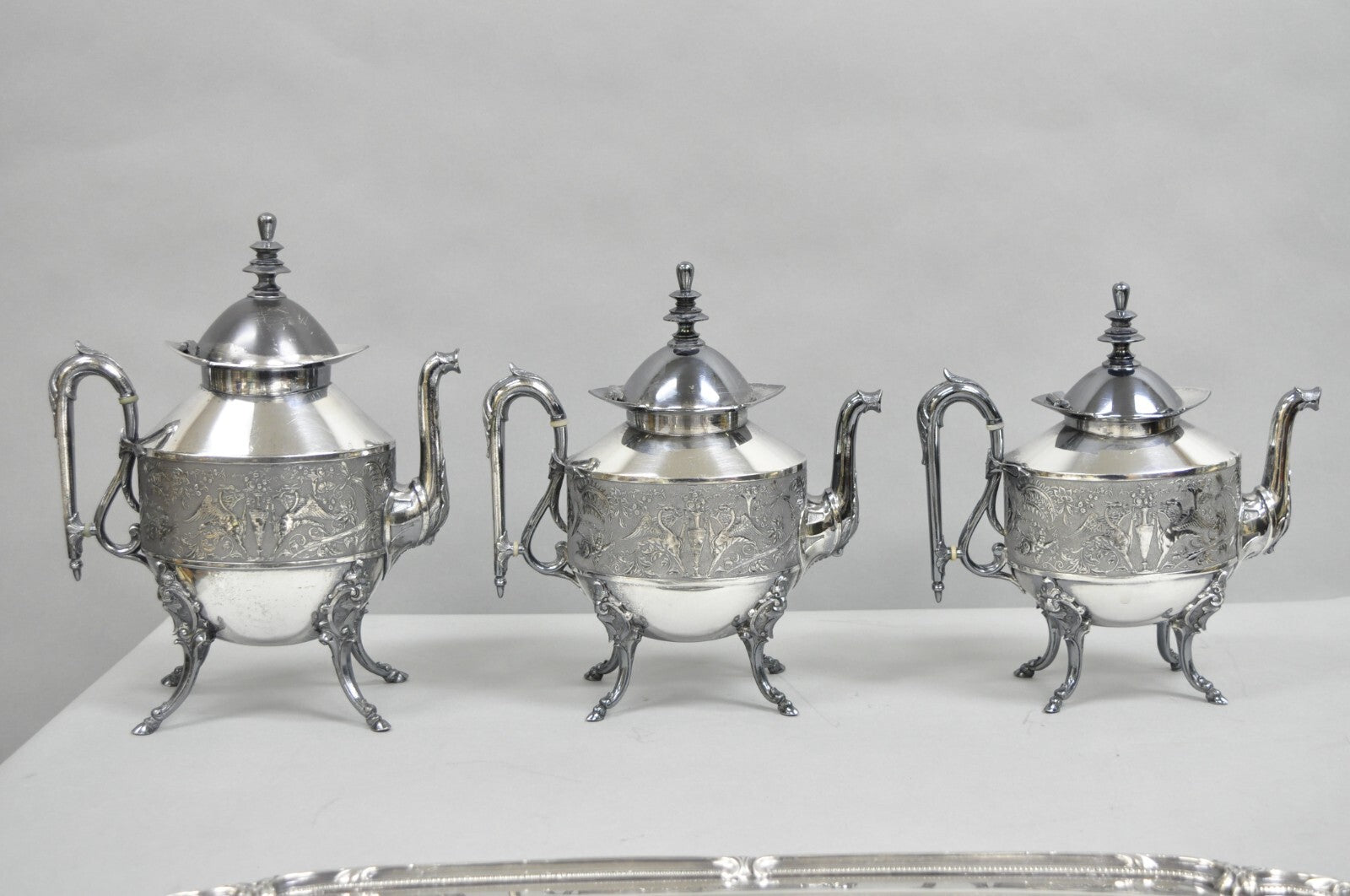 Antique English Baroque Silver Plated Figural Tea Set w/ Rogers Bro Tray - 7 Pcs