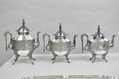 Antique English Baroque Silver Plated Figural Tea Set w/ Rogers Bro Tray - 7 Pcs