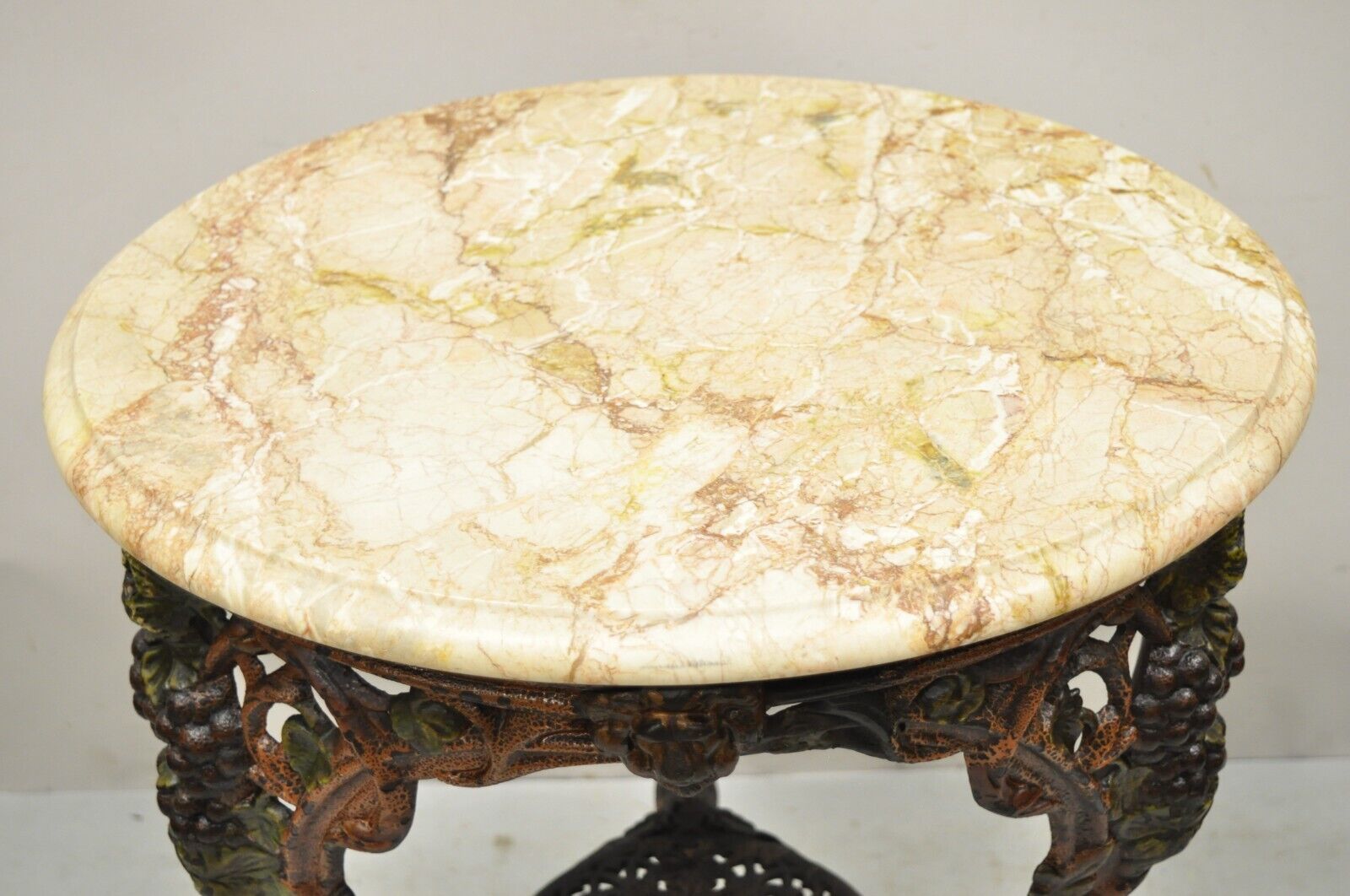 Antique English Victorian Cast Iron Round Marble Top Pub Table